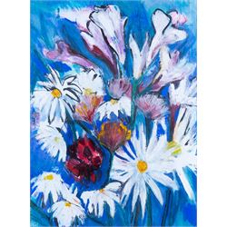 Clodagh McGuinness (Irish Contemporary): Still Life of Flowers, three large mixed media works variously signed, two 70cm x 52cm, smaller example 54cm x 40cm (3)