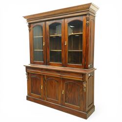 Victorian revival hardwood dresser cabinet, projecting moulded cornice above three glazed ...