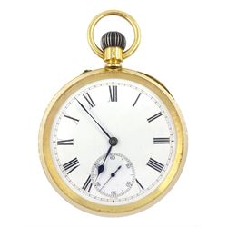 Early 20th century 18ct gold open face Swiss lever pocket watch, white enamel dial with Roman numerals and subsidiary seconds dial, case stamped 755 with Helvetia hallmark