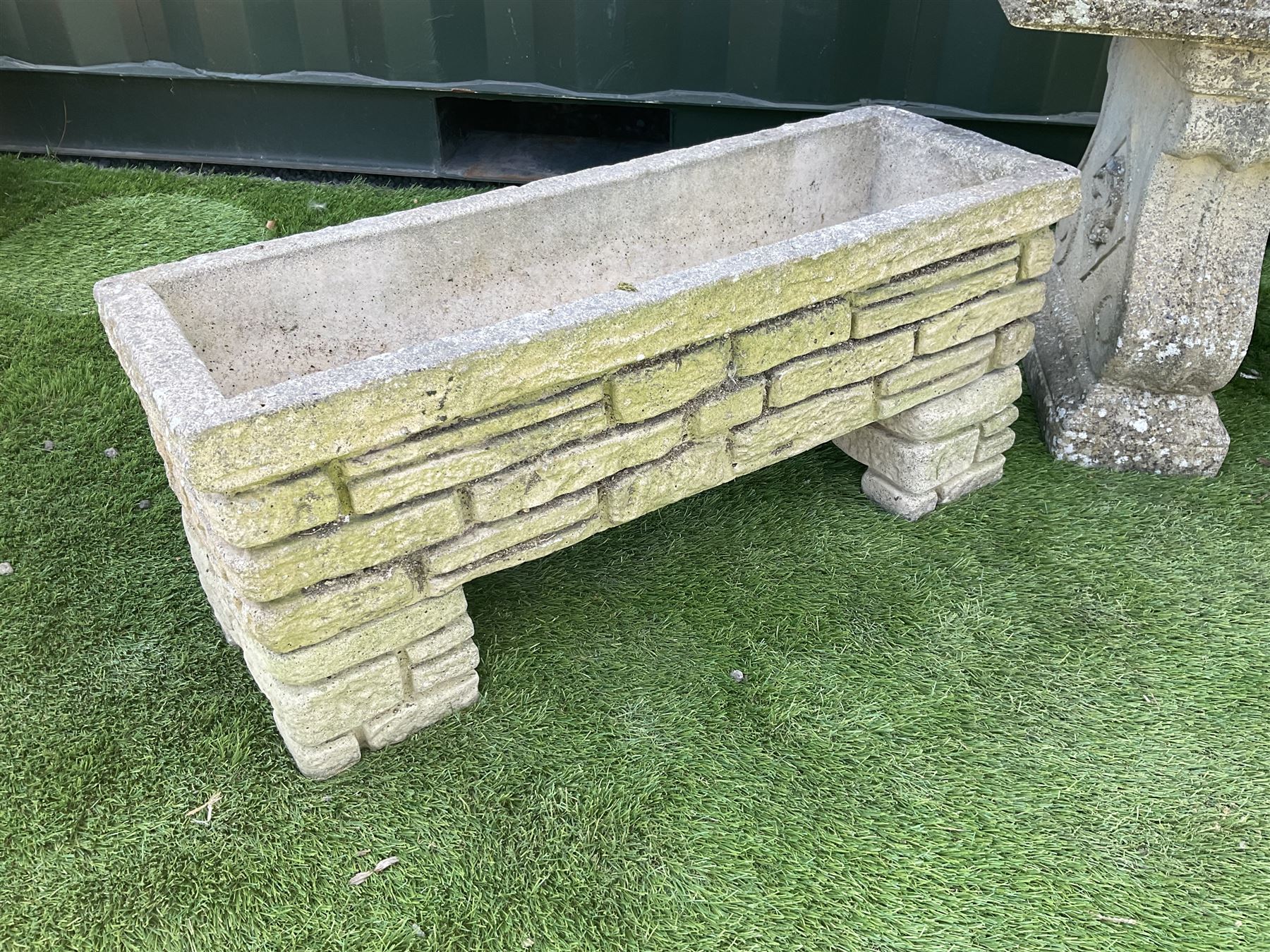 Cast stone garden bench, and two rectangular planters on plinths - THIS LOT IS TO BE COLLECTED BY APPOINTMENT FROM DUGGLEBY STORAGE, GREAT HILL, EASTFIELD, SCARBOROUGH, YO11 3TX