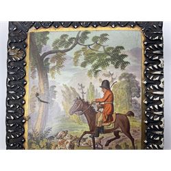 Pair of 19th century Spode wall plaques, of rectangular form, depicting fox hunting scenes of the huntsman and hounds within forest landscape, surrounded by gilt and black frame with foliate detail, H15cm, D12cm
