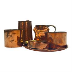 Copper tankards, including one example with plated handle and base stamped 'Barley Corn', brass box with secret compartment, and other brass and copper collectables