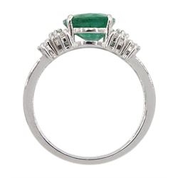 18ct white gold oval cut emerald and round brilliant cut diamond ring, emerald approx 2.50 carat, stamped, total diamond weight approx 0.40 carat
