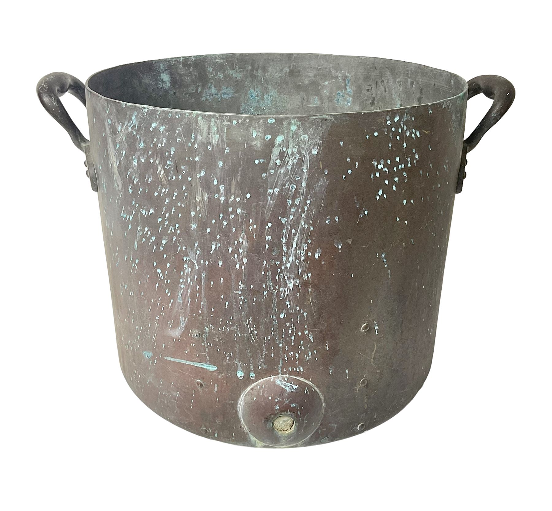 Twin handled copper boiling pan with fitting for a tap, H36cm, D39cm 