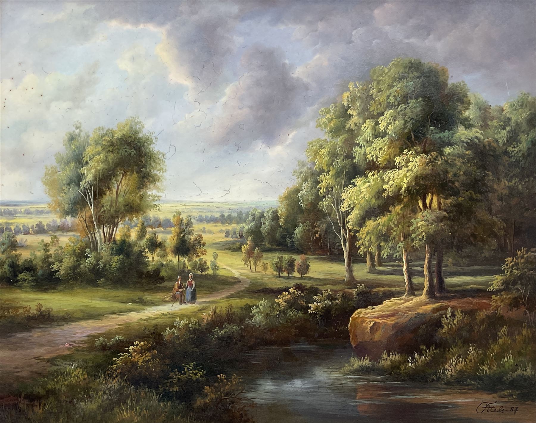 Atels (Continental 20th century): Rural River Landscape with Figures, oil on panel signed and dated '57, 39cm x 50cm