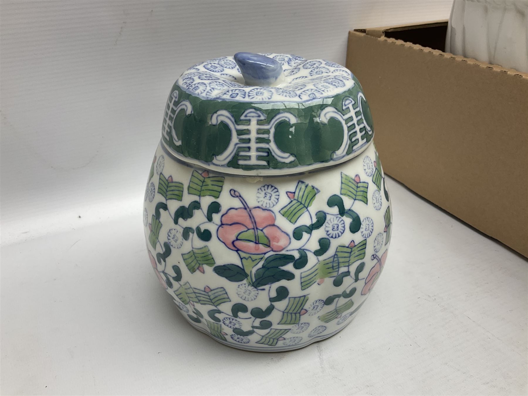 Doulton Lambeth Slaters vase of baluster form decorated with flowers, Chinese ginger jar in the form of a pumpkin, three Le Creuset red ramekins, Hornsea, Paragon Athena pattern tea wares, jardinière and other ceramics in two boxes 