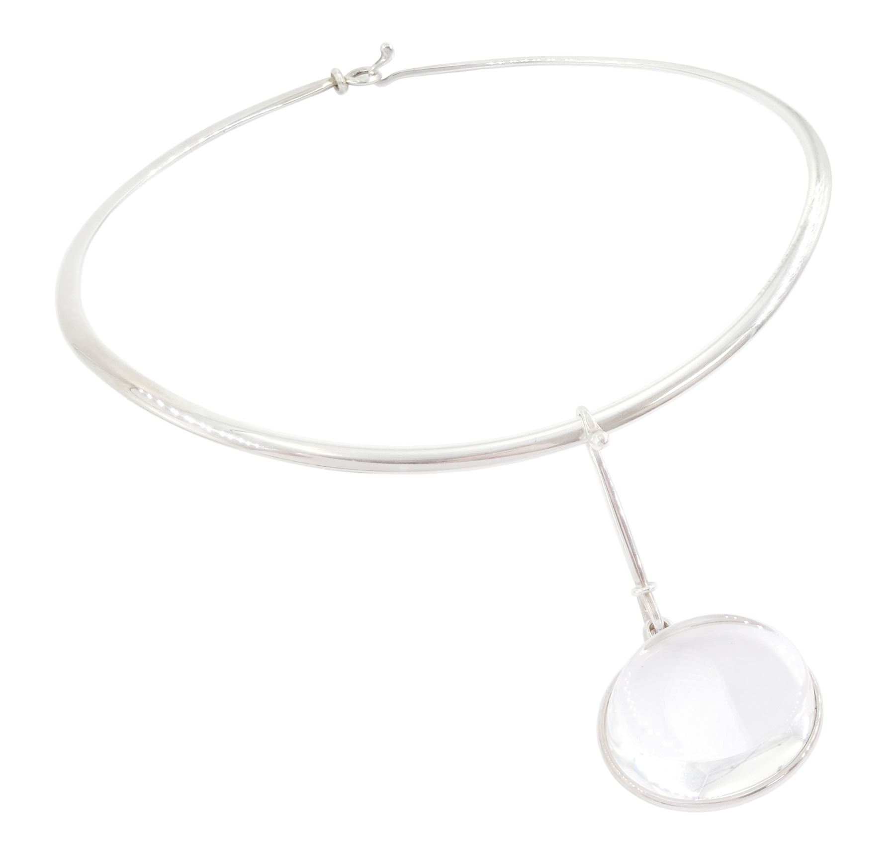 Georg Jensen silver 'Dew Drop' rock crystal pendant necklace designed by Vivianna Torun Bülow-Hübe, pendant No. 311C, on silver collar, No. 410, boxed