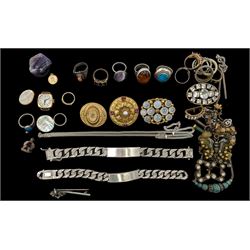 9ct gold jewellery, to include 'Dearest' stone set ring, gold cased Rotary wristwatch and a St Christopher charm, together with two silver curb link identity bracelets, other silver jewellery and a collection of costume jewellery