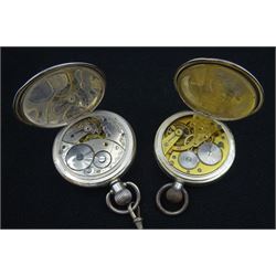 Early 20th century Swiss silver half hunter keyless lever pocket watch, No. 1988252, case by Aaron Lufkin Dennison, Birmingham 1920, one other open face silver lever pocket watch, London import mark 1919 with silver chain and a silver cigarette case by	Henry Matthews, Birmingham 1926 (3)