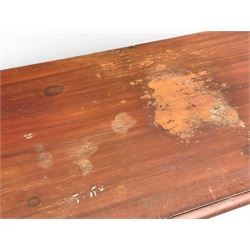 Victorian 19th century stained pine chest of drawers, rectangular top above two short and three long drawers with turned wooden handles, raised on bun feet with castors.