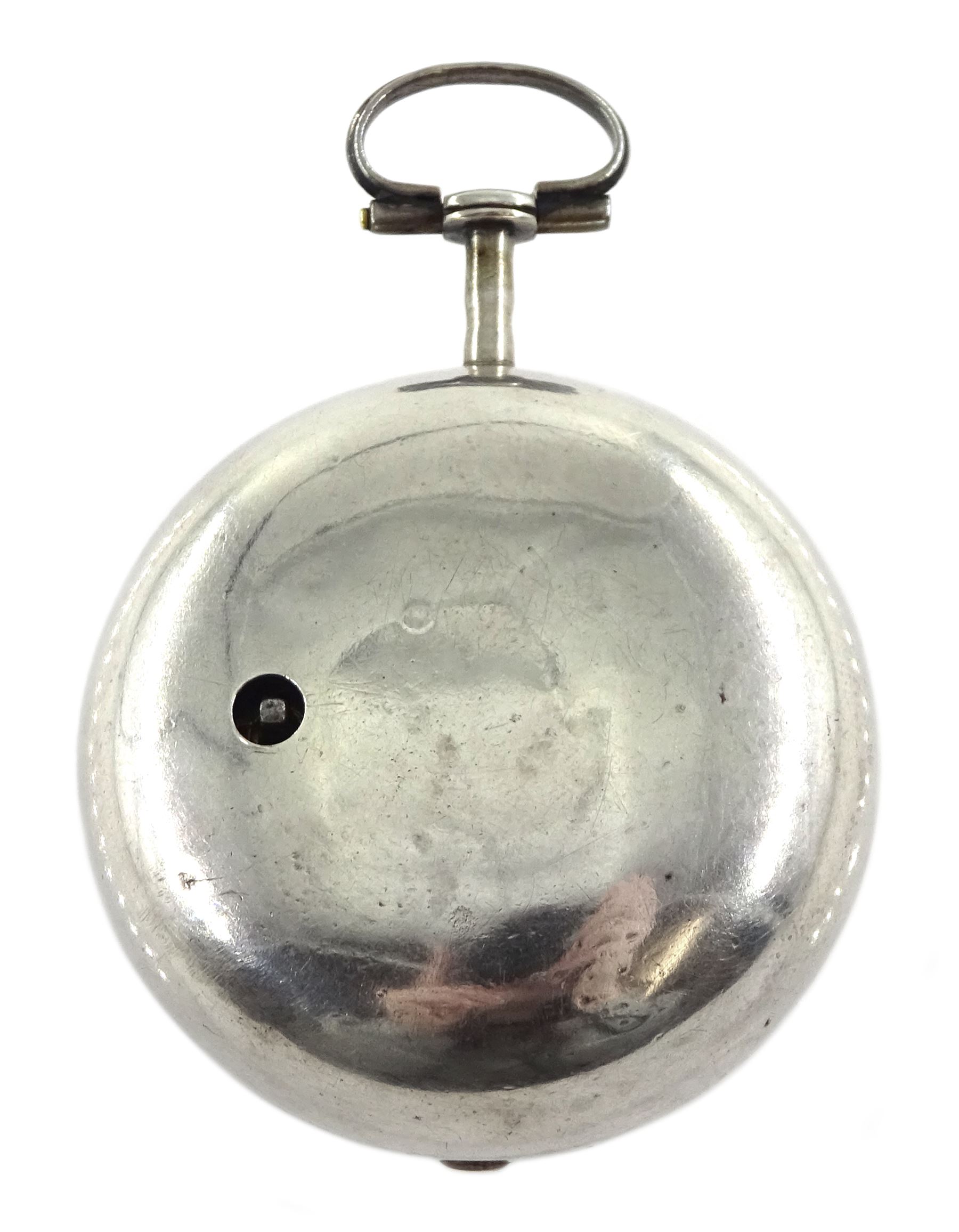 Early George III silver repousse pair cased verge fusee pocket watch by Samuel Weldon, London, No. 24807,  square baluster pillars, pierced and engraved balance cock, white enamel dial with Roman hours and outer Arabic minute ring, Louis XIV hands, bull's eye glass, inner case marked D. P, London 1761, the  outer case depicting figures in a garden setting with scroll borders