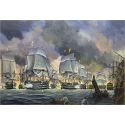 John Cooper (British 1942-): 'HMS Victory at the Battle of Trafalgar', gouache signed 63cm x 91cm