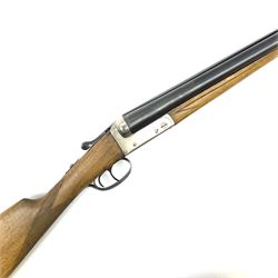 Spanish Master 12-bore side-by-side double barrel boxlock ejector sporting gun, 70.5cm barrels, pale walnut stock with chequered grip and plain fore-end and thumb safety, serial no.130828, L113cm SHOTGUN CERTIFICATE REQUIRED