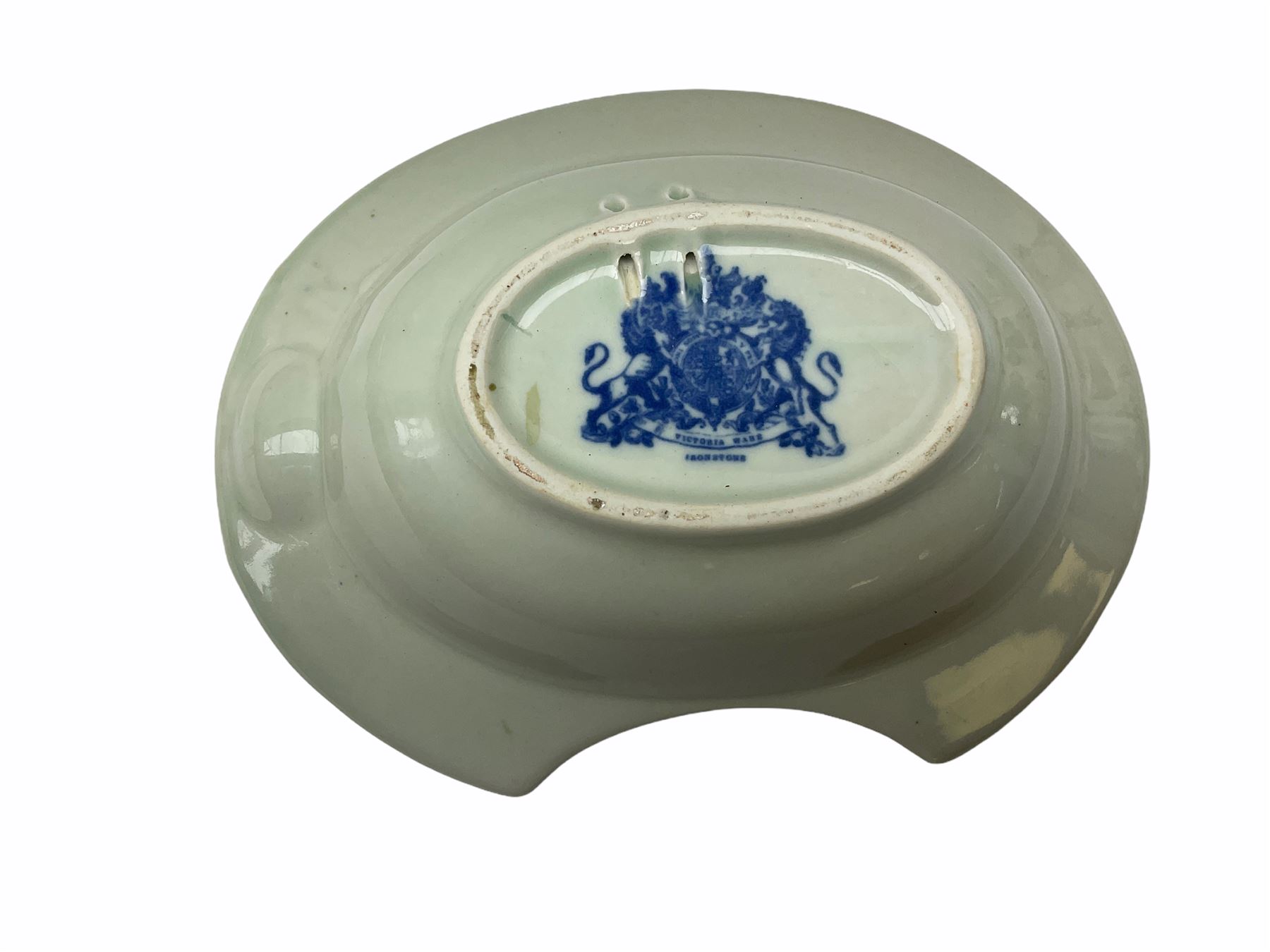 19th century Staffordshire pottery jug, entitled Willie Brewd a Peck o maut, depicting figures in relief, H24cm, a blue and white Victoria Ware Ironstone shaving bowl, L27.5cm, and a 19th century French Sarranguimes tankard with black transfer printed band depicting figures and horses, H17cm
