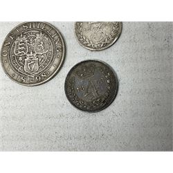 Approximately 120 grams of Great British pre 1920 silver coins, including George III 1819 half crown, William IIII 1834 shilling, Queen Victoria 1892 half crown, various silver threepence pieces etc