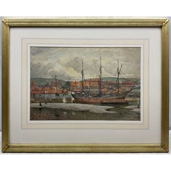 Albert George Stevens (Staithes Group 1863-1925): Three Masted Ship on the Wharfeside Whitby, watercolour signed 29cm x 45cm
Provenance: with T B & R Jordan, Yarm, label verso