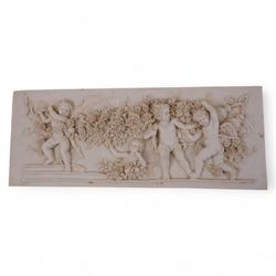Composite plaque decorated in relief with putti amongst flowering roses, together with similar framed example and two others, framed H56cm, W28cm