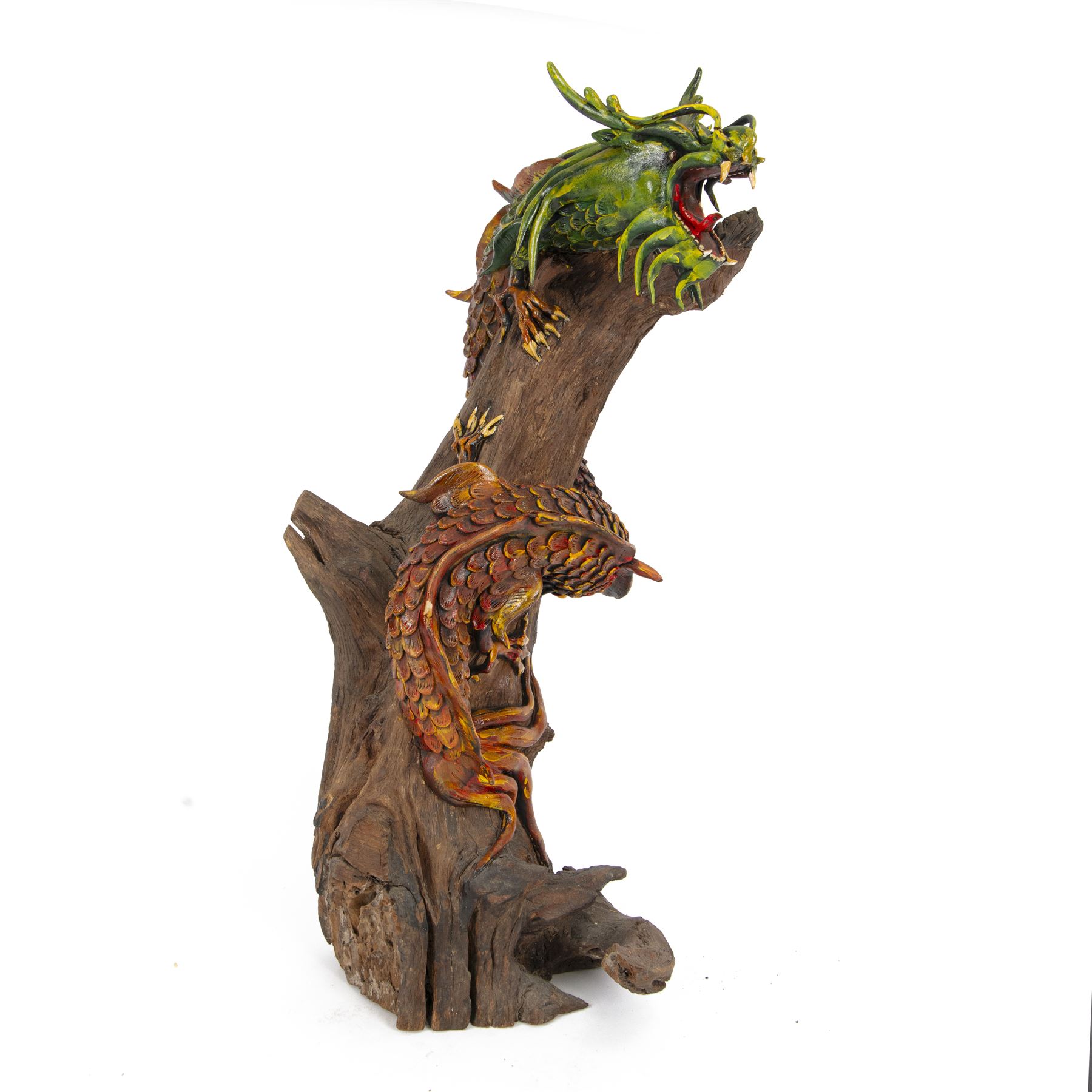 Modern Chinese root carving, modelled as a dragon wrapped round a tree, the dragon painted in greens and reds, H70cm