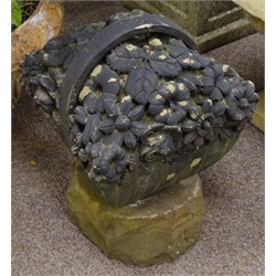  Carved West Riding stone flower basket on rough cut plinth, H50cm   