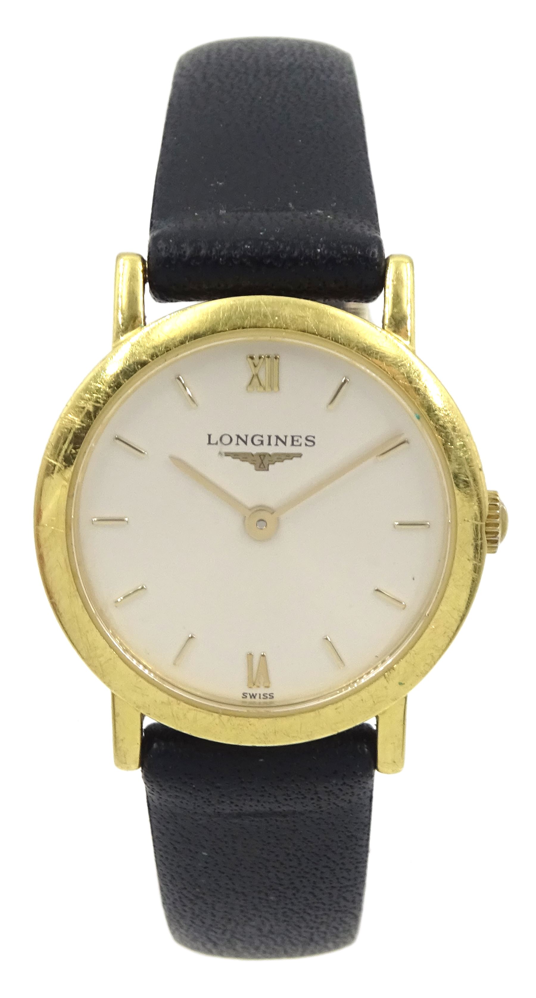 Longines ladies 18ct gold quartz wristwatch L 120 6, Swiss hallmark, on black leather strap