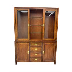 Cherrywood military style display cabinet, two raised display cabinets flanking shelves, the lower section fitted with four drawers and two cupboards