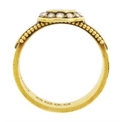 Victorian mourning ring, the black enamel plaque, with monogrammed AS initials and seed pearl surround, engraved shank with plaited hair and black enamel decoration, engraved  Chester 1896