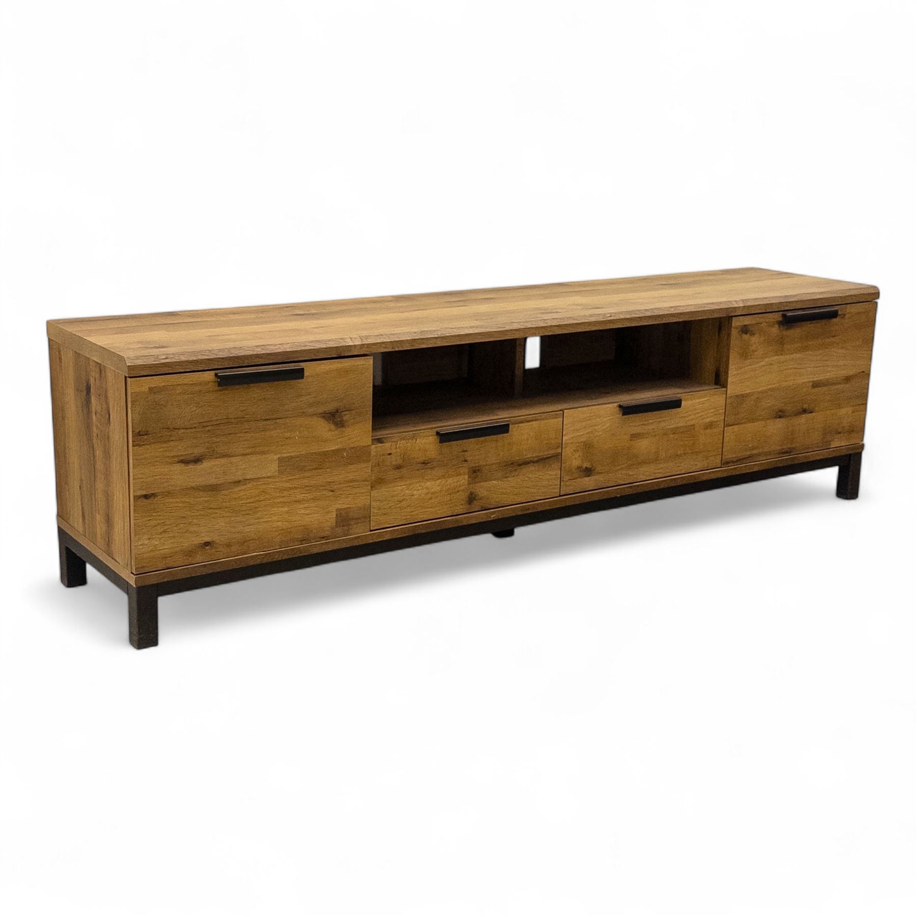 Pair of contemporary media sideboards, oak effect construction with inset handles, comprising two drawers and an open shelf flanked by cupboard doors, on metal supports (2)