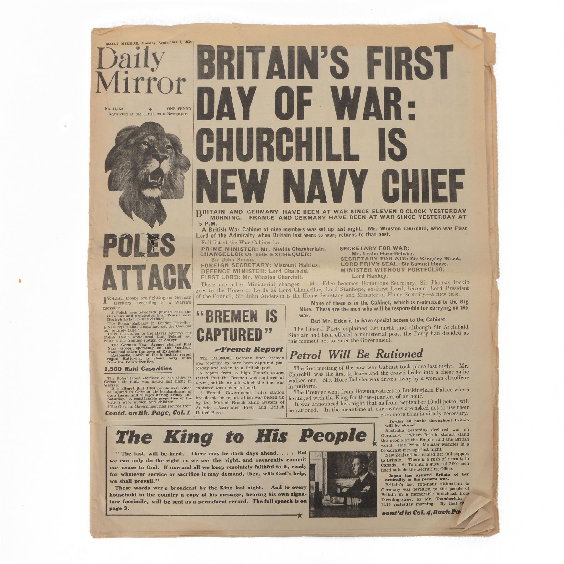 Daily Mirror 'First day of War' newspaper Monday 4th September 1939
