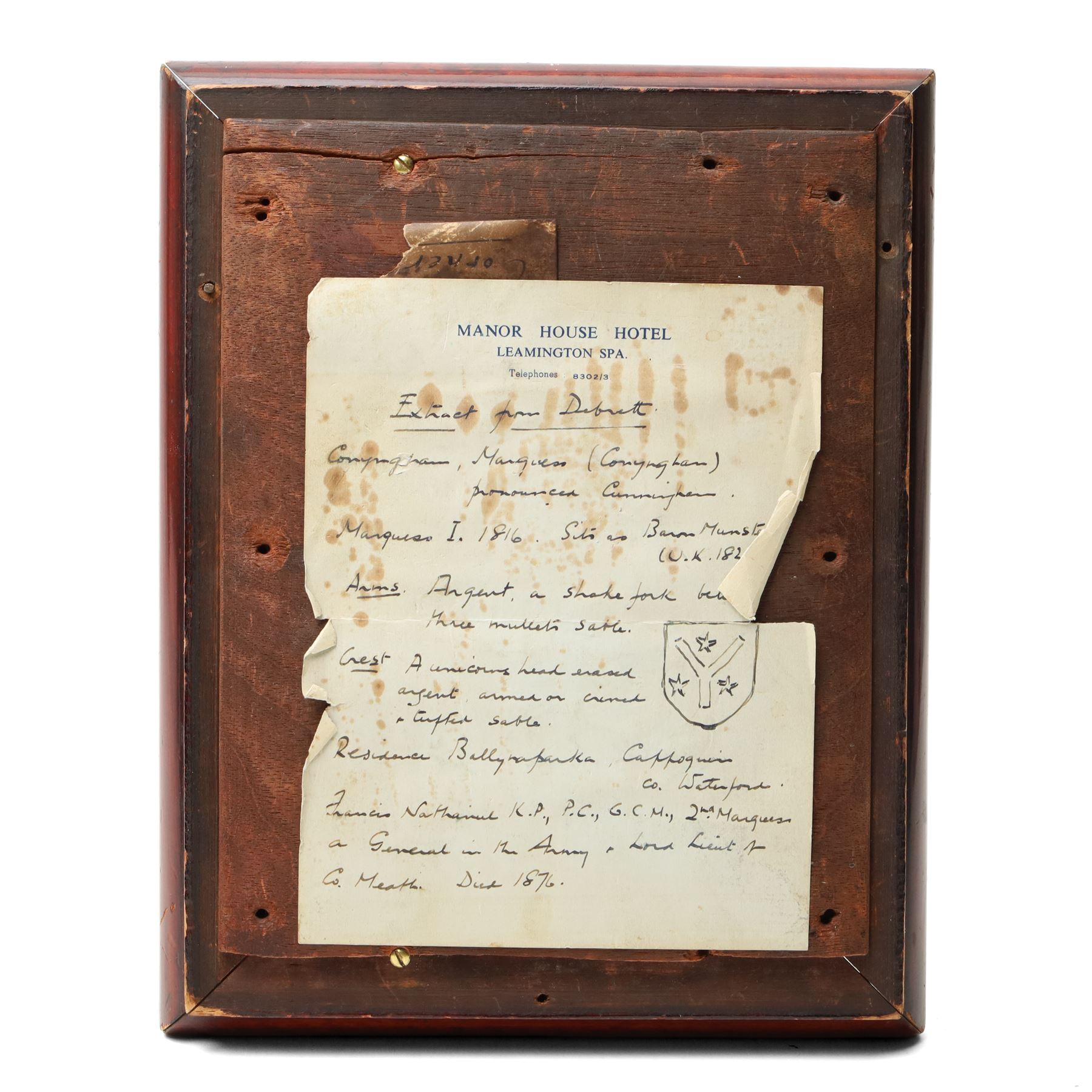 19th century brass coach plate with the arms of Conyngham, inscribed 'Francis Nathaniel 2nd Marquis Conyngham, Knight of St Patrick, Knight Grand Cross of the Hanoverian Guelphic Order', framed and with hand written information to the reverse 26cm x 21cm overall