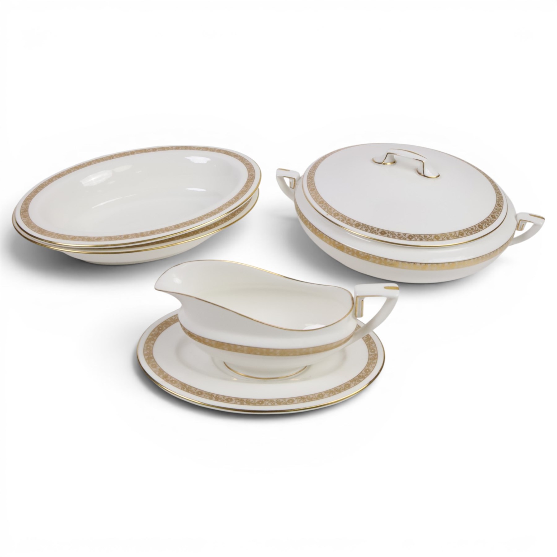 Royal Worcester Golden Anniversary pattern part dinner service for eight including dinner plates, side plates, bowls and desert plates, two serving dishes, covered tureen etc 