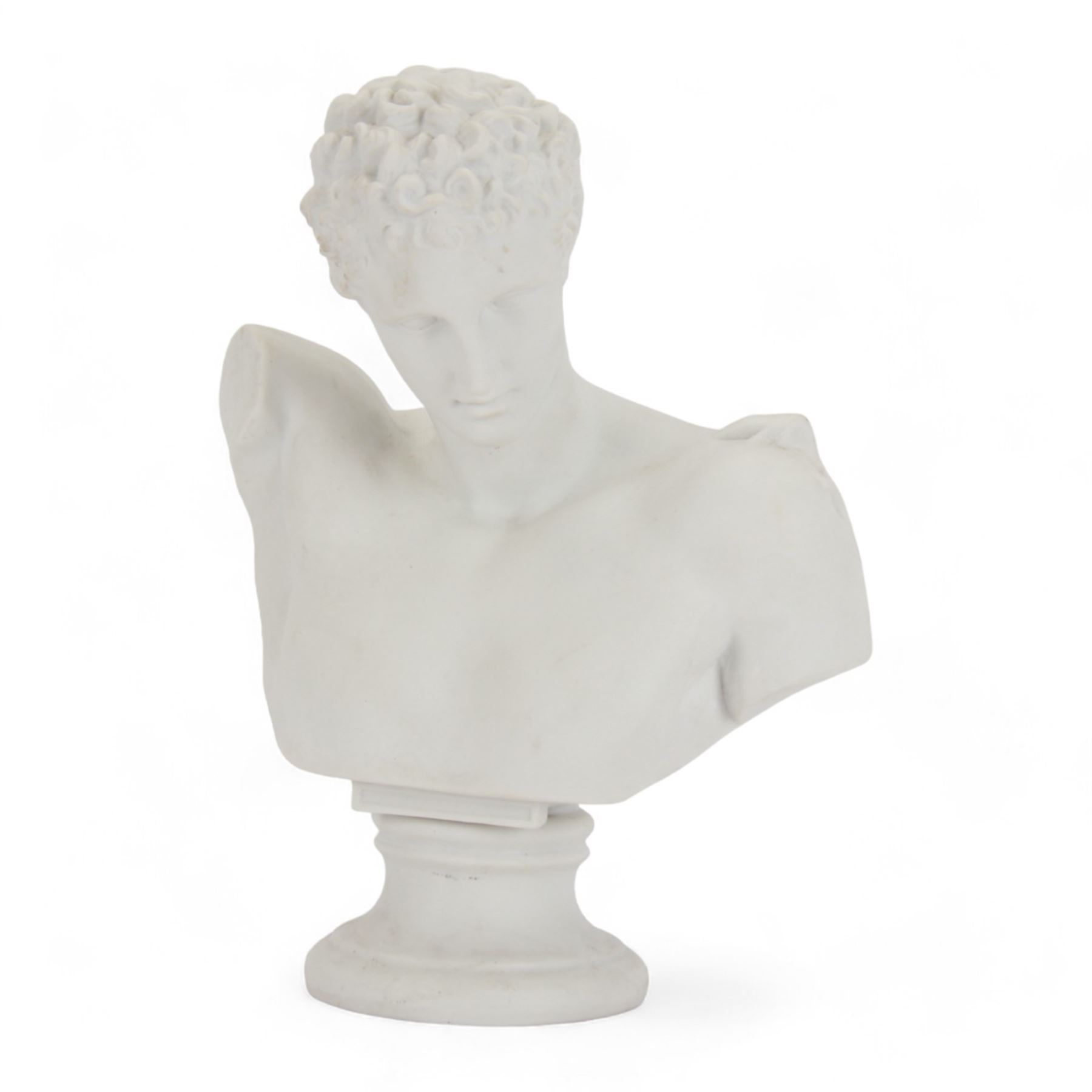 19th century style Parian bust of Hermes, upon socle base, H25.5cm