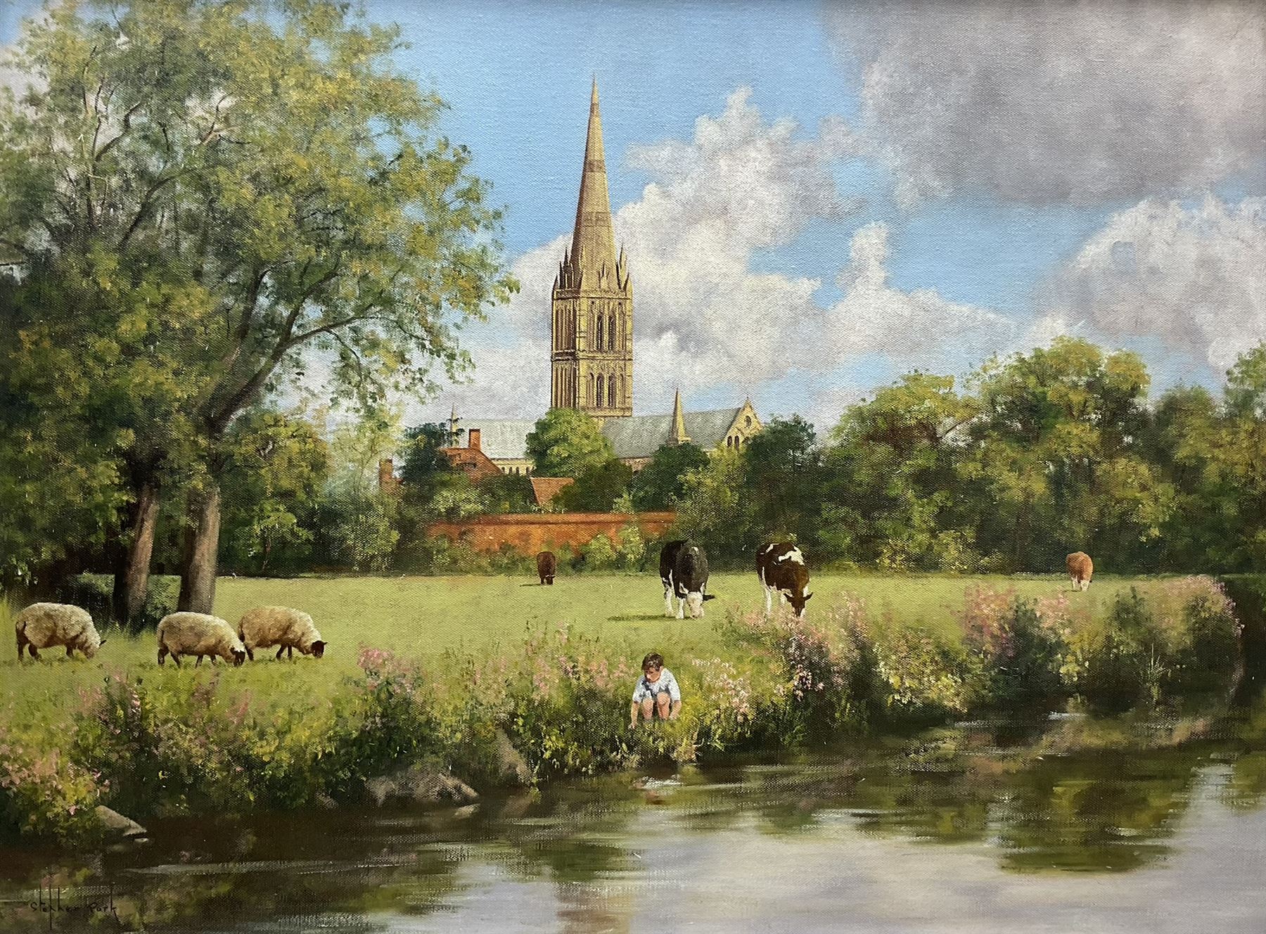 Stephen Park (British 1962-): Salisbury Cathedral from the River, oil on canvas signed 45cm x 60cm