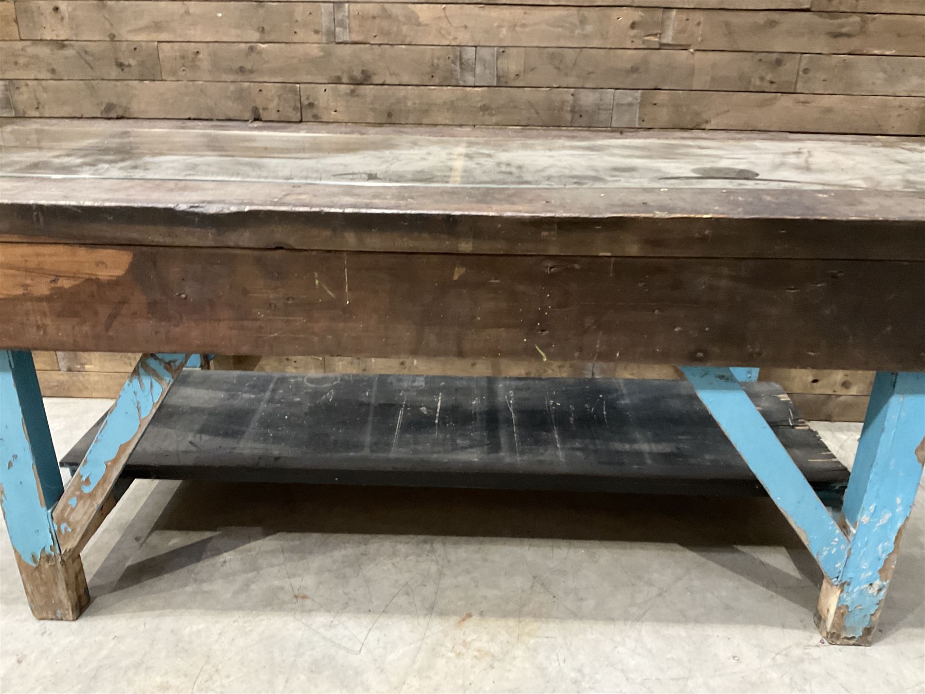 Large timber work bench with central glass section, and two pairs of vintage wooden step ladders (3)