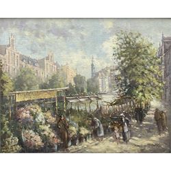 Donald Gray Midgely (British 1918-1995): 'The Flower Market Amsterdam', oil on board signed, titled verso 40cm x 50cm 
Notes: Midgley was born in Halifax, moved to Whitby after his mother Lottie died. Lived at 2 Salt Pan Steps.