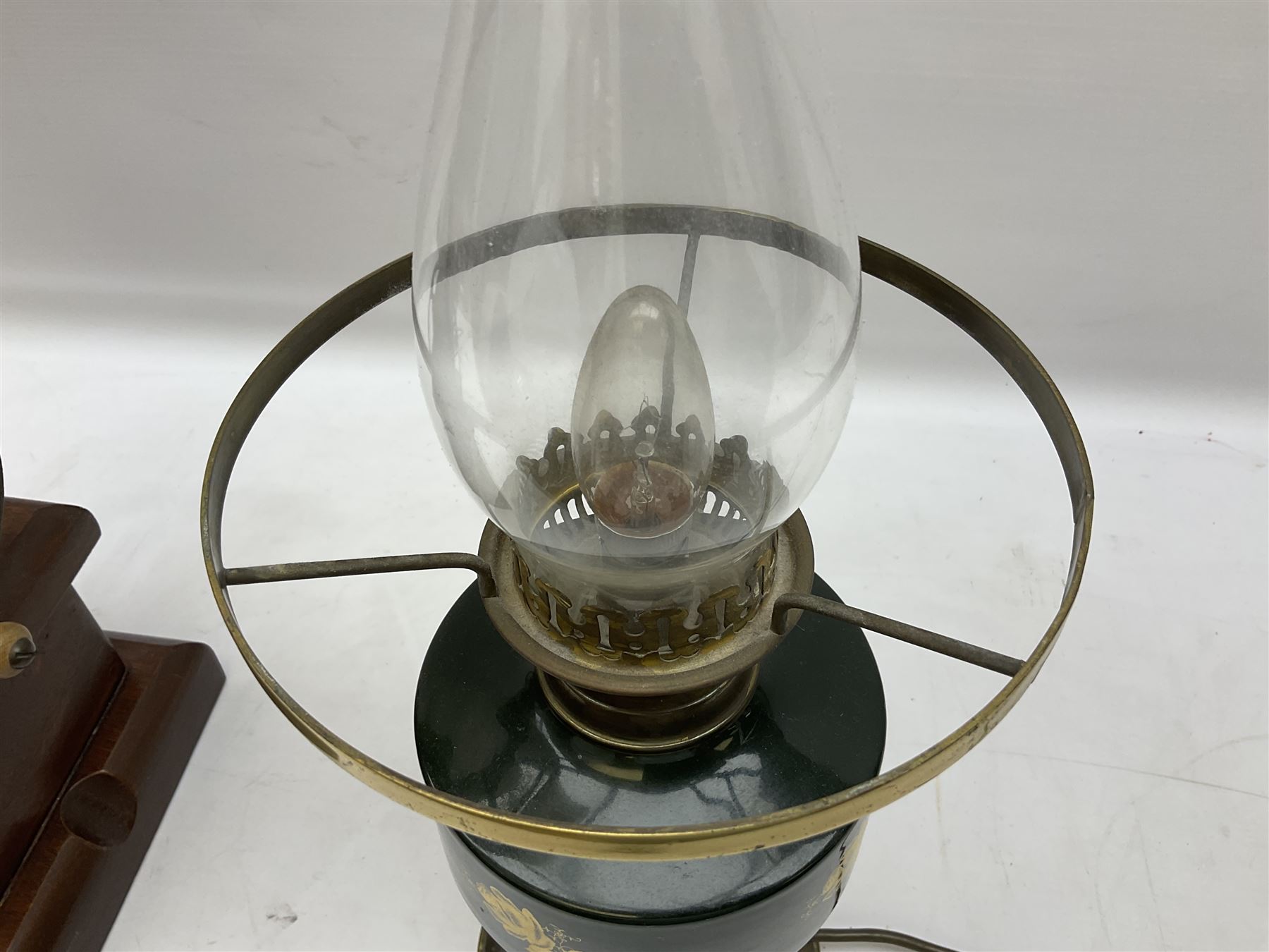 Table lamp and shade in the form of a vintage coffee grinder, together with a converted oil lamp, tallest example H94cm 