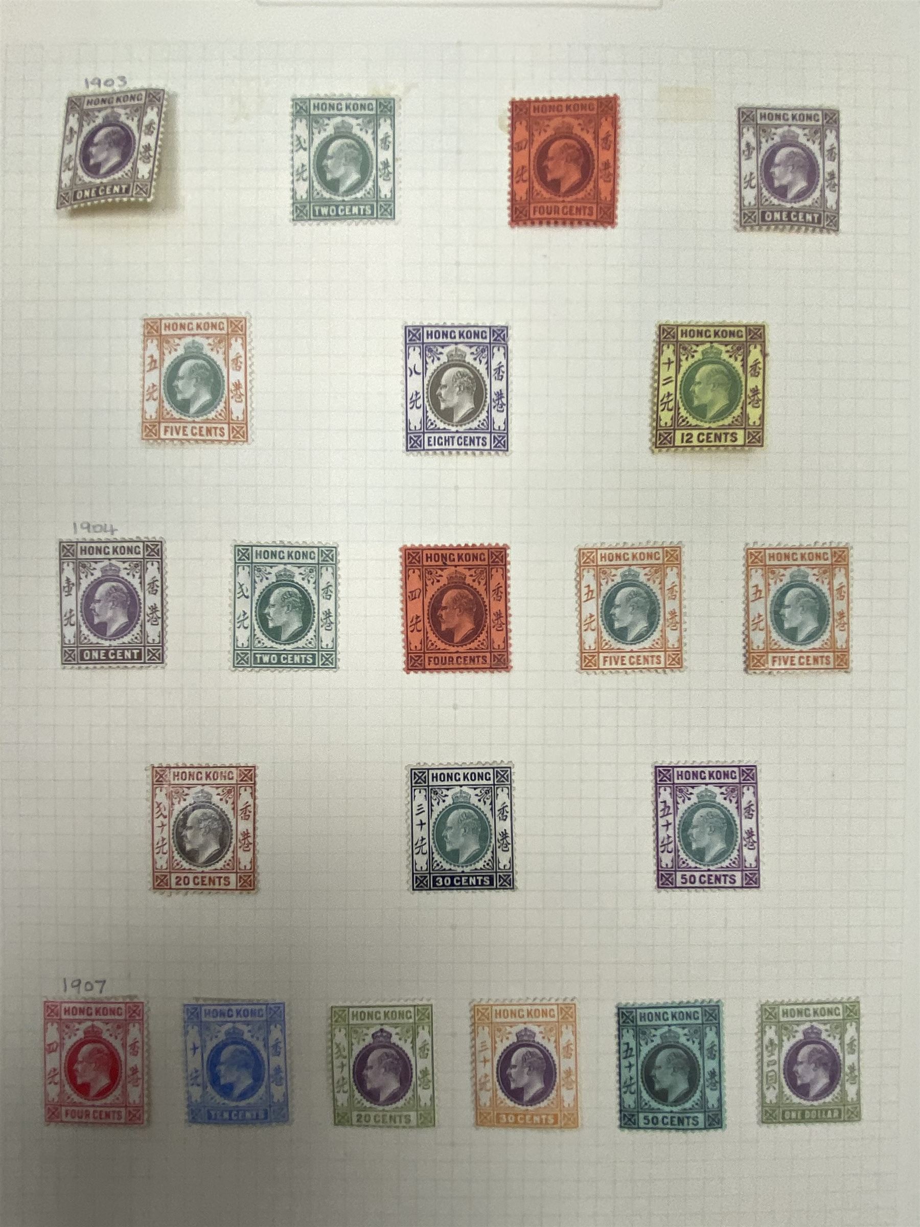 Hong Kong Queen Victoria and later stamps, including 1874-1902 postal fiscal stamps, various King Edward VII issues including one dollars, China overprints etc, housed on pages