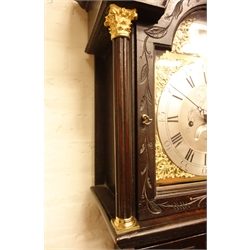  19th century and later oak longcase clock, pierced pediment with finials, stepped arch hood door, trunk carved with floral and urn decoration, eight-day rack strike movement, engraved silver dial, circular plaque signed 'W. Lunshon Chester', H230cm  