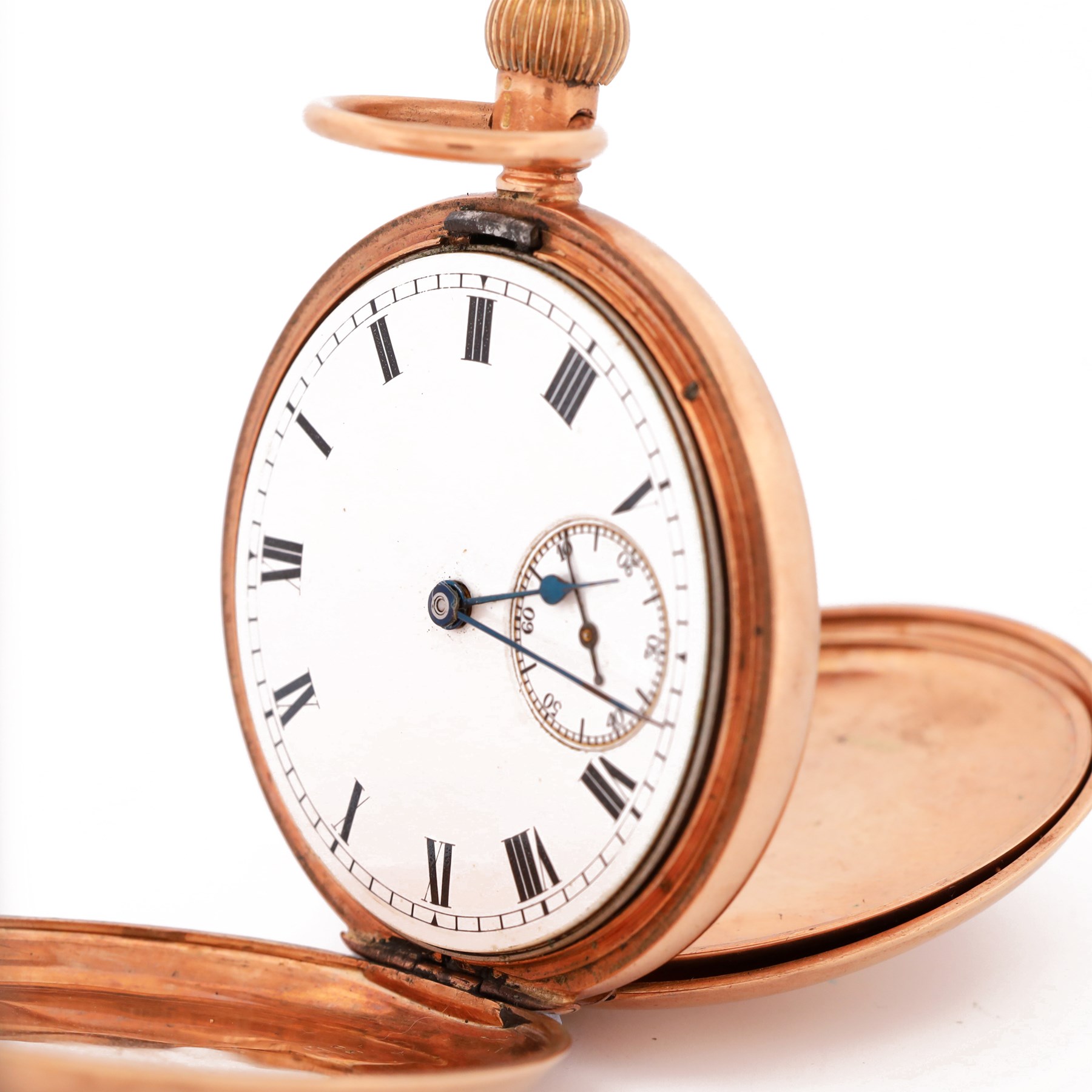 Early 20th century 9ct rose gold full hunter keyless lever pocket watch by American Watch Company, Waltham, No. 14757346, white enamel dial with Roman numeral hour markers and subsidiary seconds dial, case by William Ehrhardt, Birmingham 1916 