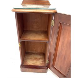 Victorian mahogany bedside cabinet, raised shaped back, single door, plinth base