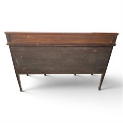 Edwardian mahogany and satinwood sideboard, shaped top with galleried back, with freize drawer flanked by two cabinets, united by undertier, raised on square tapering supports terminating in spade feet