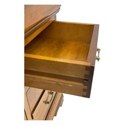 French cherry wood kneehole desk or dressing table, moulded rectangular top over twin pedestal bases each housing three drawers with brass-effect swing handles, resting on bracket feet