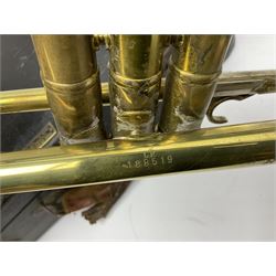 Boosey & Hawkes Emperor brass trumpet L48.5cm; in Henri Selmer carrying case with five mouth pieces and four mutes
