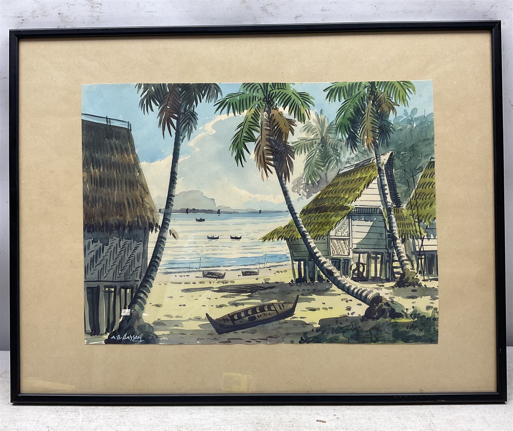 A B Hassan (Malaysian 20th Century): Beach Huts, watercolour signed 27cm x 37cm 