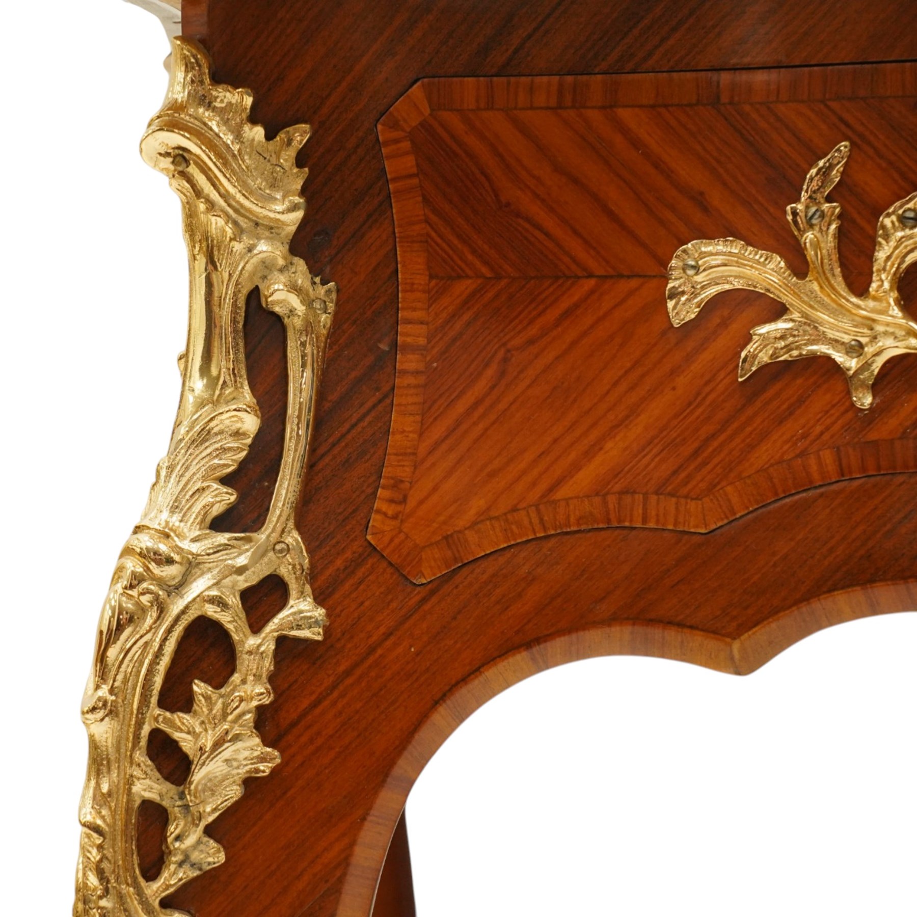 Baggio Anciens Meubles - Italian Louis XV style kingwood and gilt metal mounted bureau plat or writing desk, the shaped rectangular top with inset leather writing surface with gilt metal edge, above three shaped frieze drawers with gilt metal handles, raised on cabriole supports with gilt cartouche mounts to the knees and scroll feet