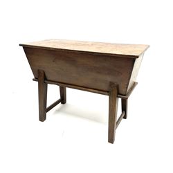 19th/20th century elm dough bin, tapered rectangular form enclosed by hinged lid, on trestle supports