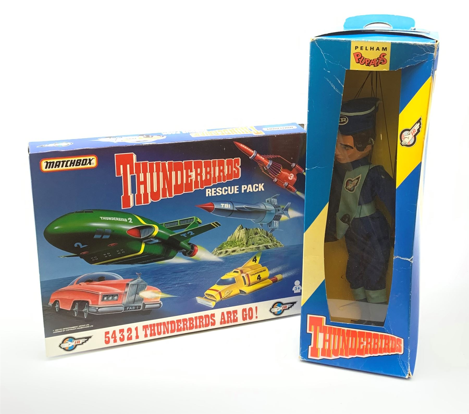Matchbox Thunderbirds Rescue Pack, mint and boxed; and Pelham Puppet of Scott Tracy, boxed (2)