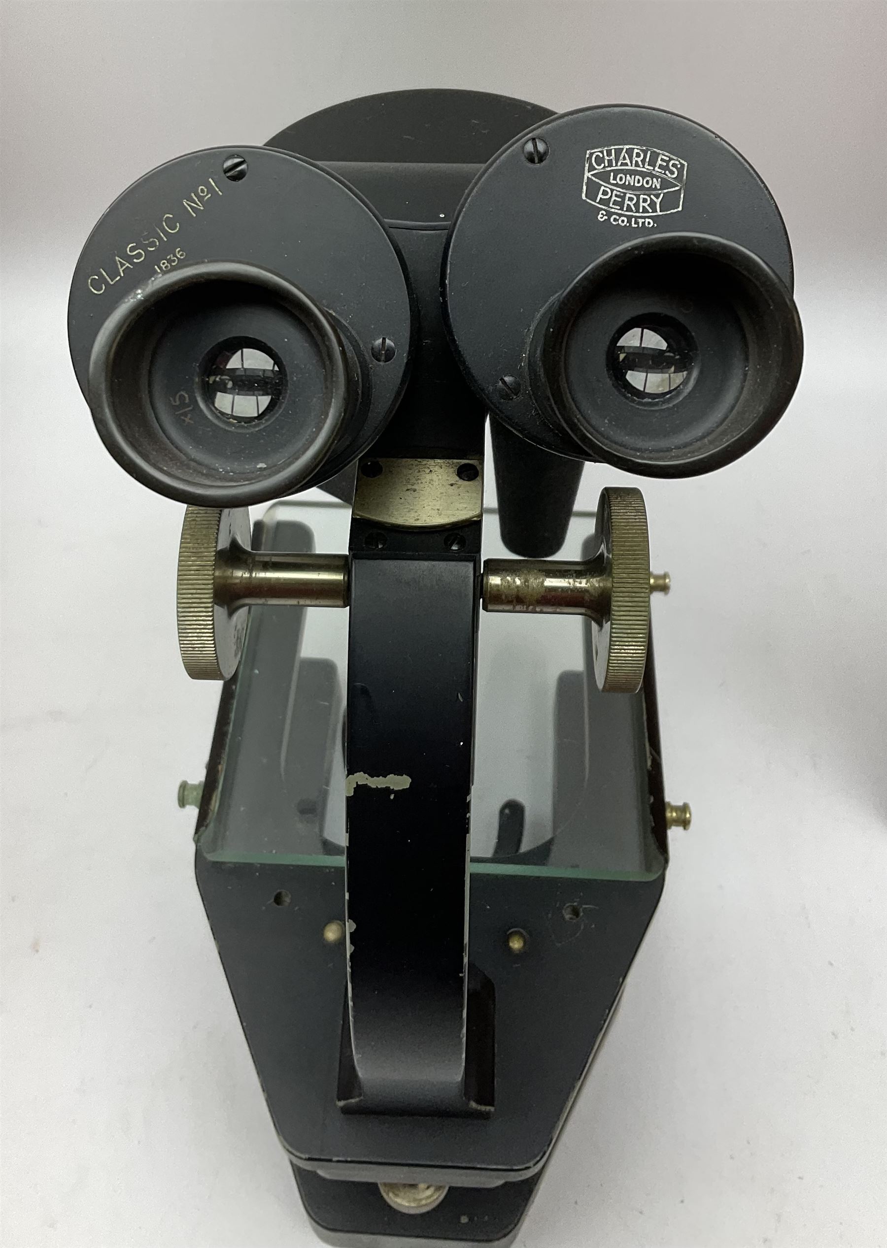 Charles Perry binocular microscope 'Classic No 1', with pitchfork base and rack and pinion focusing, in original fitted mahogany case with additional lenses, H44cm