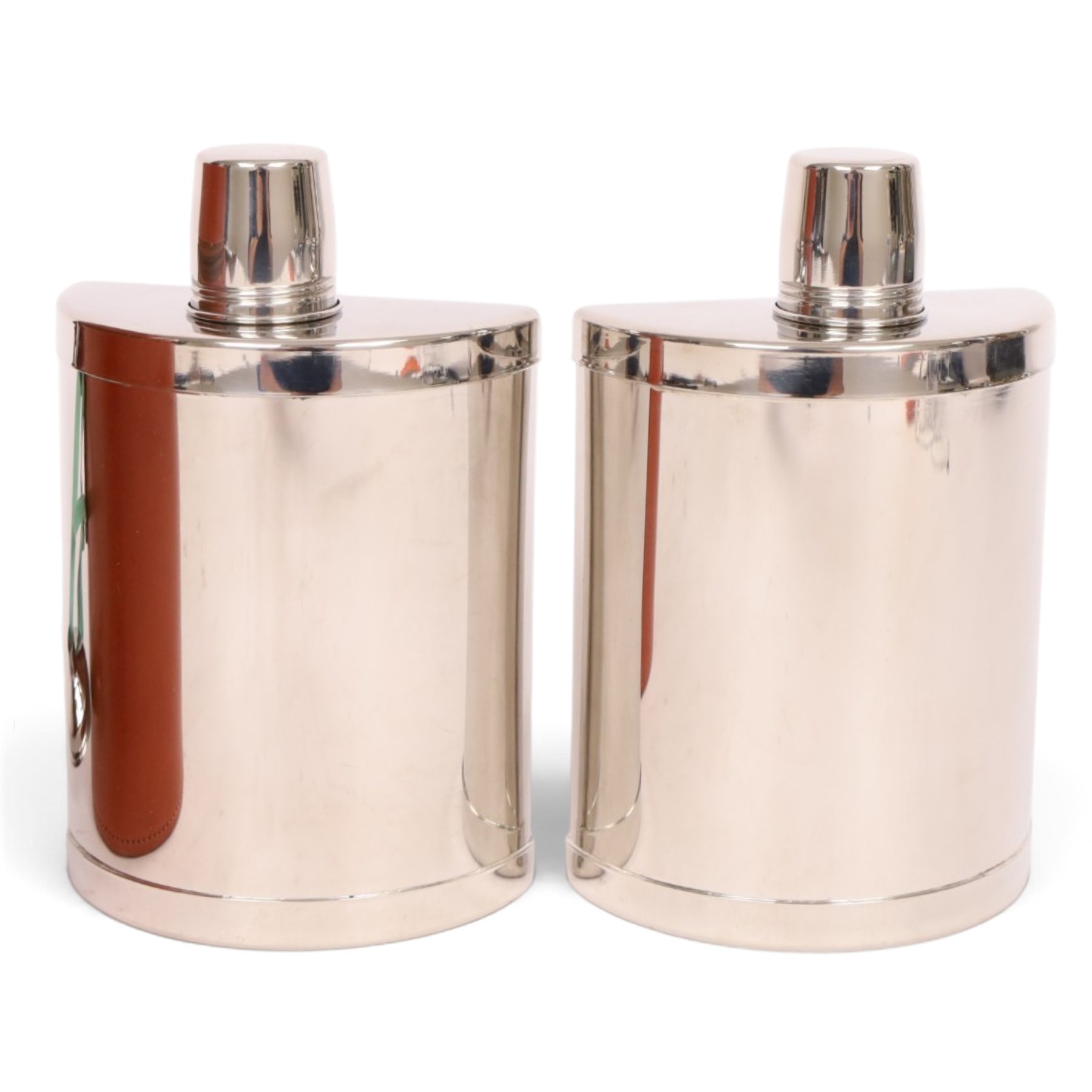 Pair of  Tudor stainless steel hip flasks in fitted leather case, H18cm, D12cm