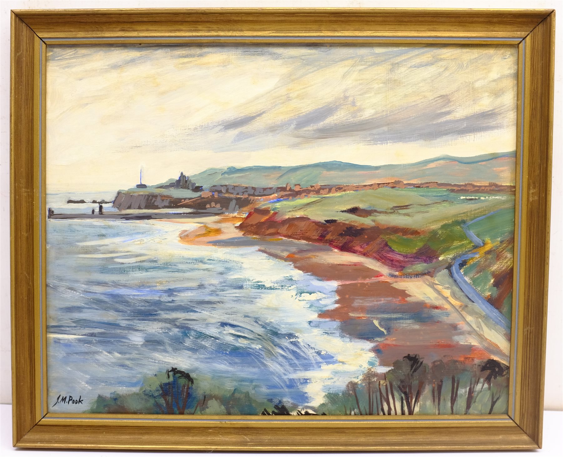 Joan M Pook (British 1927-2011): 'Whitby' from Lythe Bank, oil on board signed, title label verso 34cm x 43cm