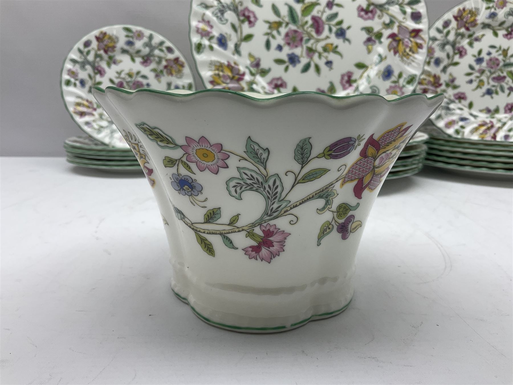 Minton Haddon Hall part tea and dinner service, including six cups and saucers, six dinner plates, six side plates, six twin handled bowls and saucers etc (44) 